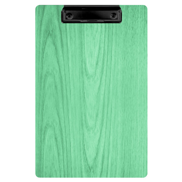 A Menu Solutions wood clipboard with green wood grain.