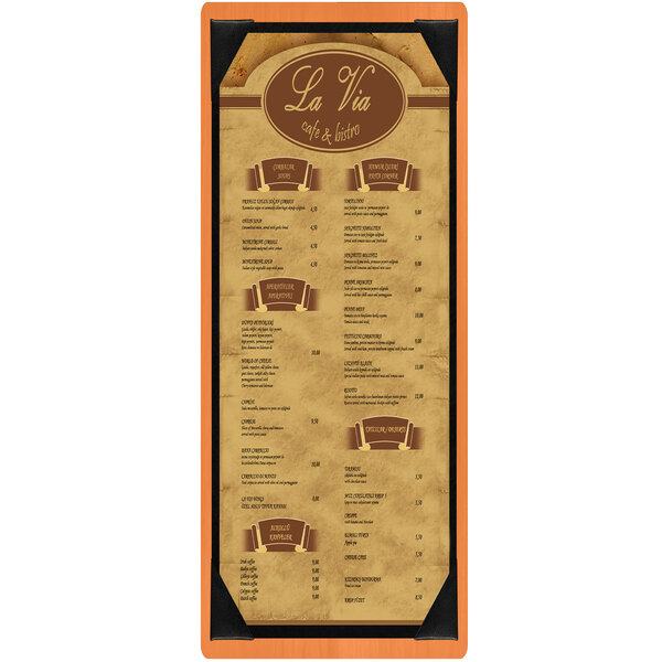 A wood menu board with brown and orange trim and picture corners.