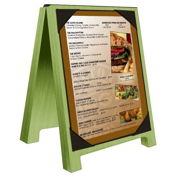 A Menu Solutions lime wood menu board tent with picture corners.