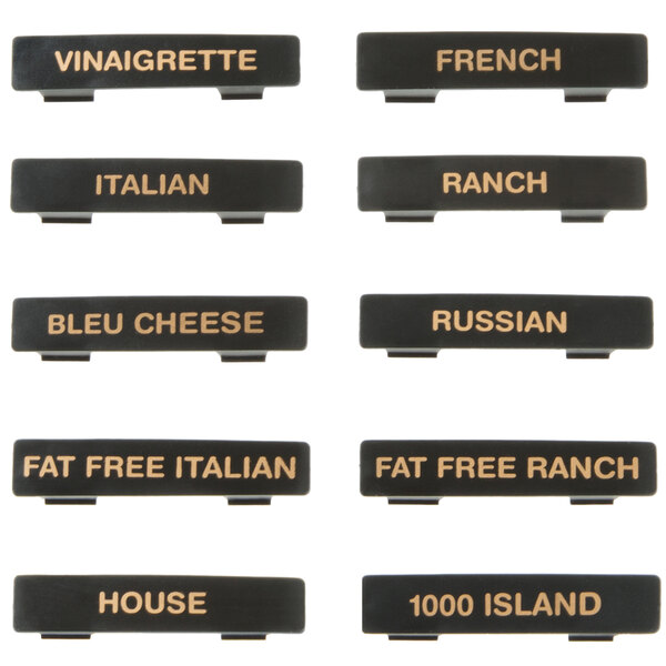 A group of black rectangular Tablecraft Print Dispenser tags with white writing on them.