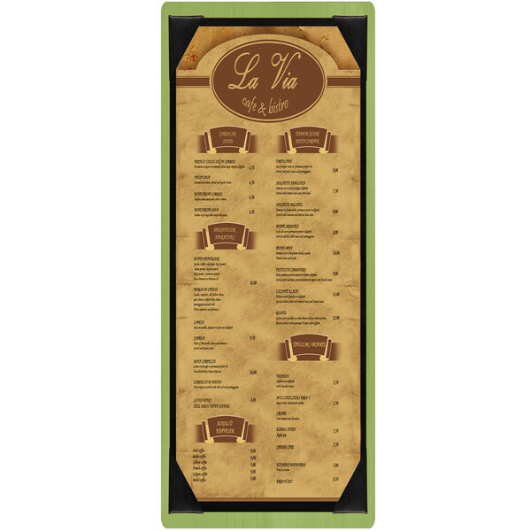A customizable wood menu board with brown background and green picture corners.