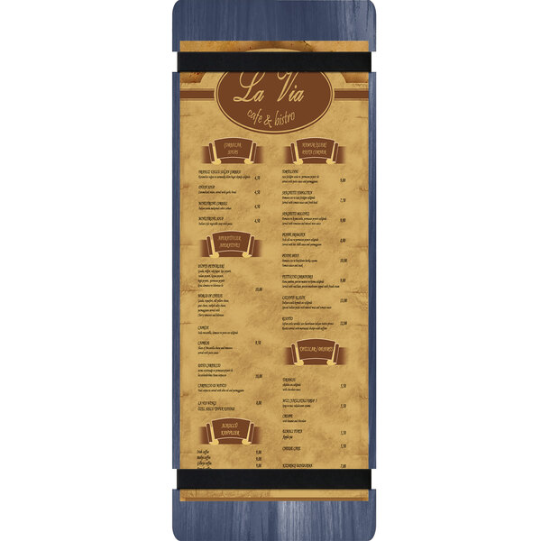 A white wood menu board with brown rubber band straps.