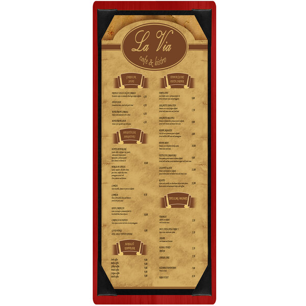 A customizable wood menu board with brown trim and picture corners.