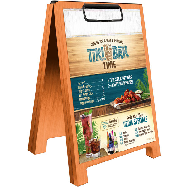 A Menu Solutions Mandarin wood menu board tent with clip.