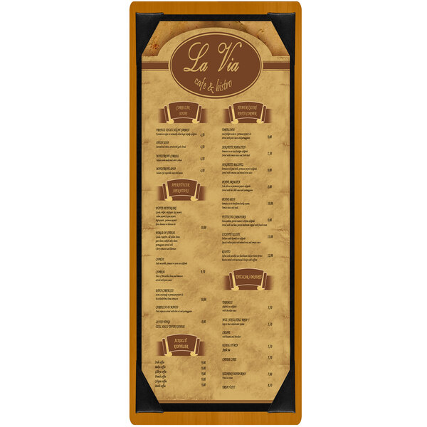 A Menu Solutions country oak wood menu board with picture corners.