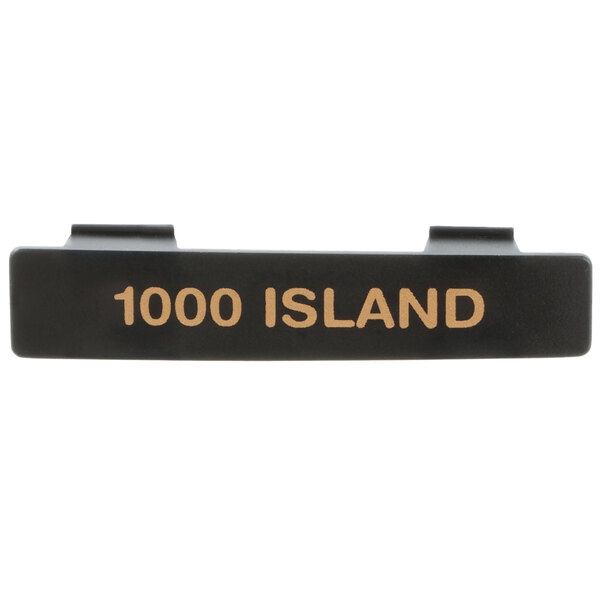 A black rectangular Tablecraft dispenser tag with orange text reading "Thousand Island"