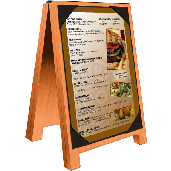 A Menu Solutions Mandarin wood table tent menu board with a picture of a burger.