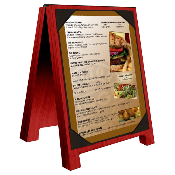 A Menu Solutions berry wood sandwich menu board with picture corners on a table.