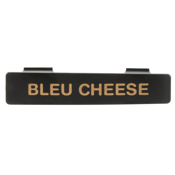 A black rectangular Tablecraft dispenser tag with gold "Bleu Cheese" text.