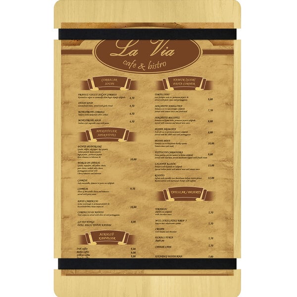 A natural wood menu board with black rubber band straps.