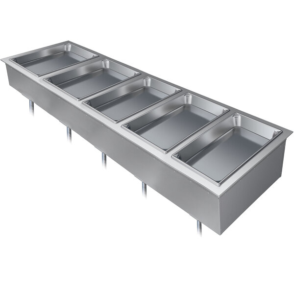 A Hatco stainless steel drop-in hot food well with five compartments on a counter.