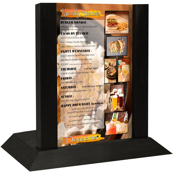 A black wooden Menu Solutions table tent with a menu insert slot.