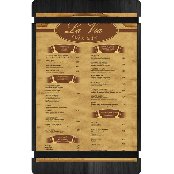 A black wood menu board with rubber band straps.