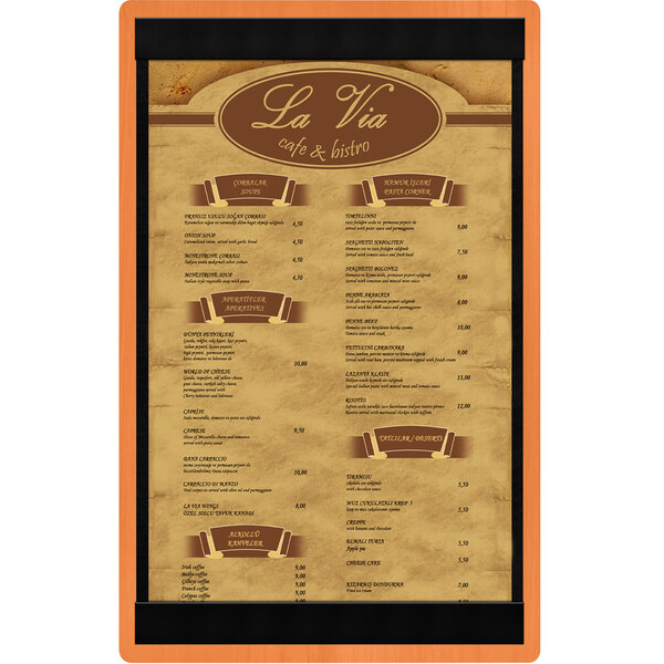 A Menu Solutions wood menu board with top and bottom strips on a white background.