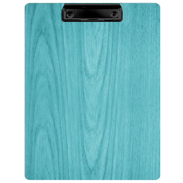 A sky blue wood clipboard with a black clip.
