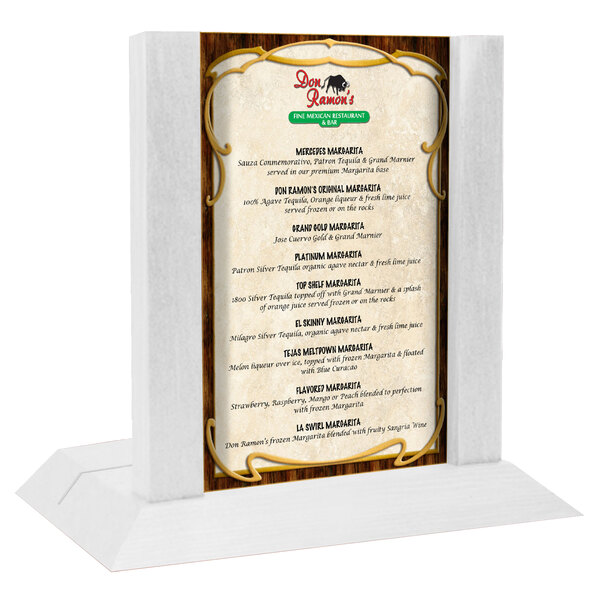 A white wooden Menu Solutions table tent with a menu inserted.