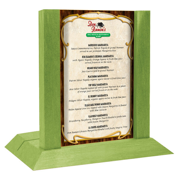 A Menu Solutions lime wood menu holder with a menu on it.