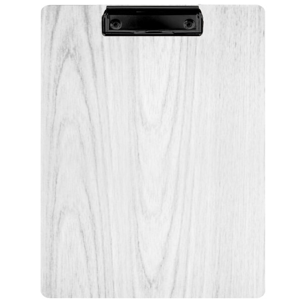 A white wood clipboard with black clip.