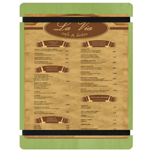A Menu Solutions wood menu board with a lime green border.