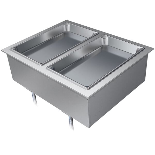 A Hatco drop-in hot food well with two stainless steel double pans and lids.