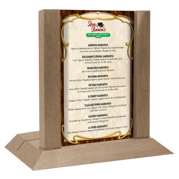 A Menu Solutions weathered walnut wood menu holder on a stand with a 4" x 6" insert slot.