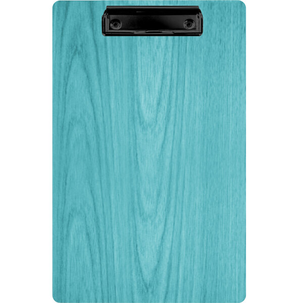 A blue wood clipboard with black clip.