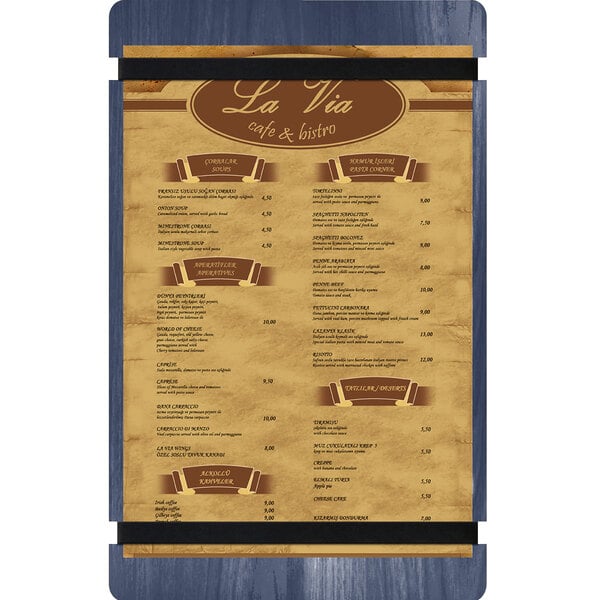 A white Menu Solutions wood menu board with blue and brown denim straps.