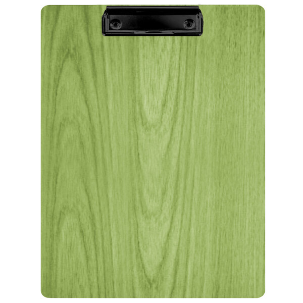 A green wood clip board with a black clip.