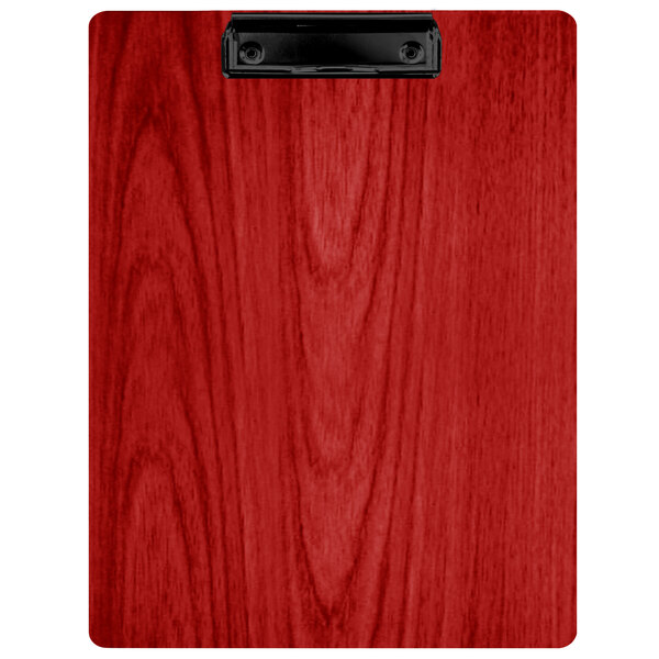 A red wood grained Menu Solutions clipboard.
