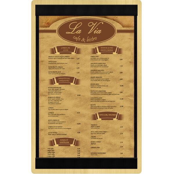 A customizable wood menu board with top and bottom strips on a white background.