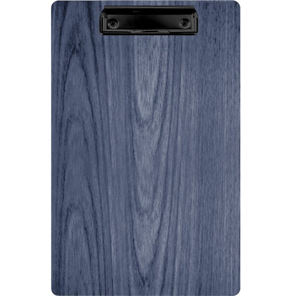 A Menu Solutions wood clipboard with a blue denim finish.