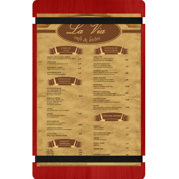 A Menu Solutions wood menu board with a red rubber band straps.