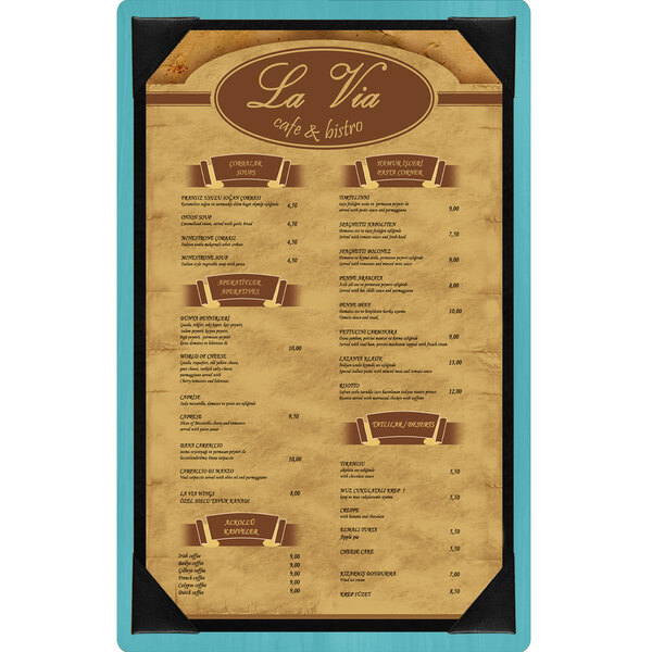 A customizable wood menu board with a white background and blue border.