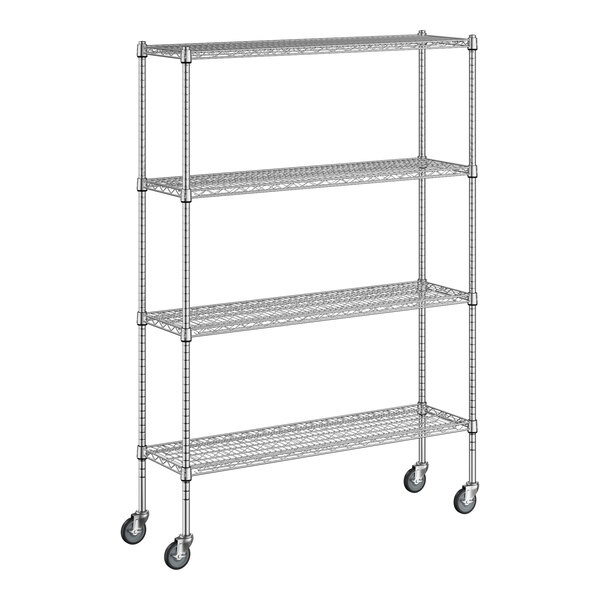 A white wireframe of a Regency chrome wire shelving unit with wheels.