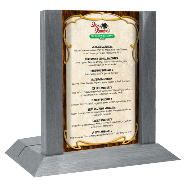 A Menu Solutions ash wood menu holder on a table holding a menu.
