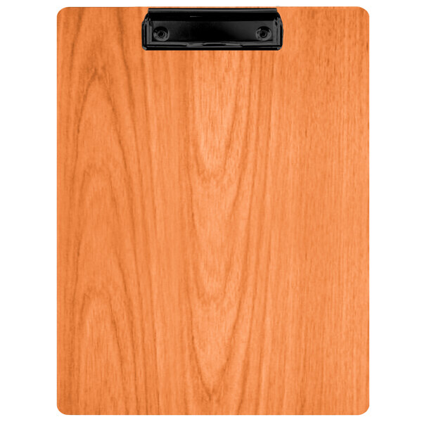 A Menu Solutions wood clipboard with a black clip.