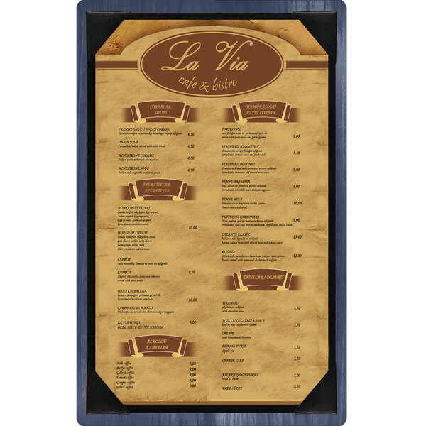 A Menu Solutions wood menu board with a white background and brown corners.