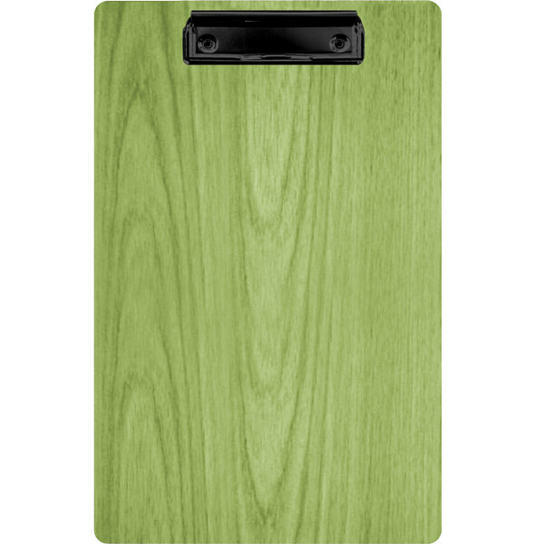 A lime green wood clipboard with a black clip.