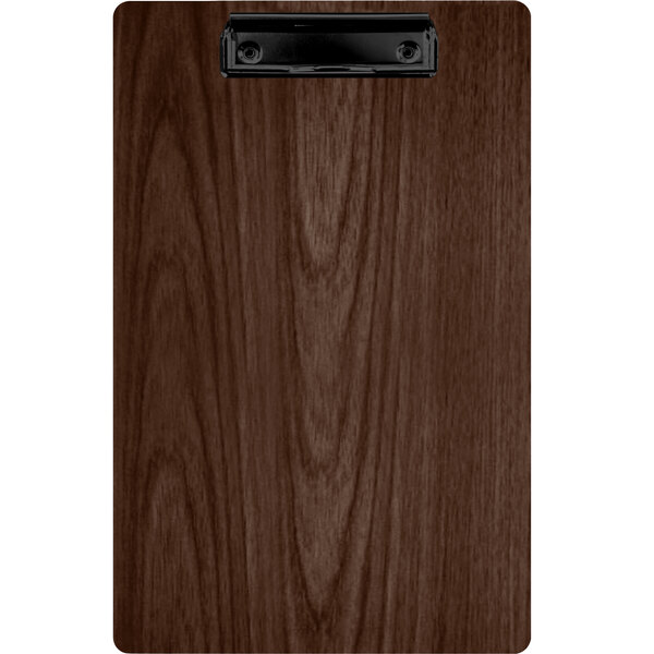 A Menu Solutions walnut wood clipboard with a black clip.
