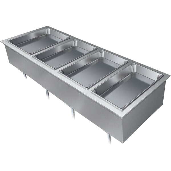 A Hatco drop-in hot food well with four rectangular stainless steel compartments.