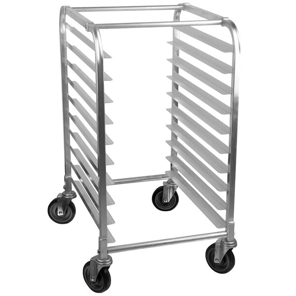 An Advance Tabco silver metal sheet pan rack with wheels.