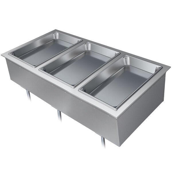 A Hatco drop-in hot food well with three stainless steel compartments on a metal tray.