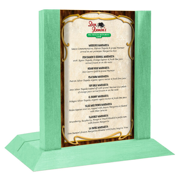 A teal washed wood Menu Solutions table tent with a slot for a menu insert.