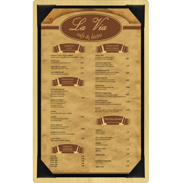 A Menu Solutions wood menu board with picture corners holding a restaurant menu.