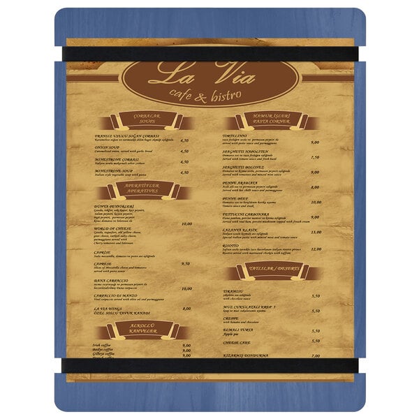 A white restaurant menu on a blue wood board with rubber bands.