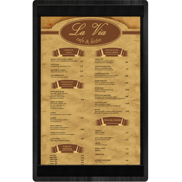 A Menu Solutions wood menu board with brown text on a white background.