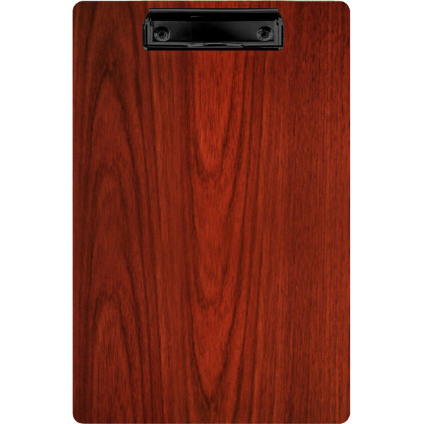 A Menu Solutions mahogany wood clipboard with a wood grain.