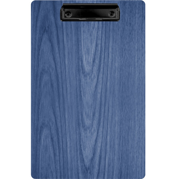 A blue wood grained Menu Solutions wood clipboard with a black clip.