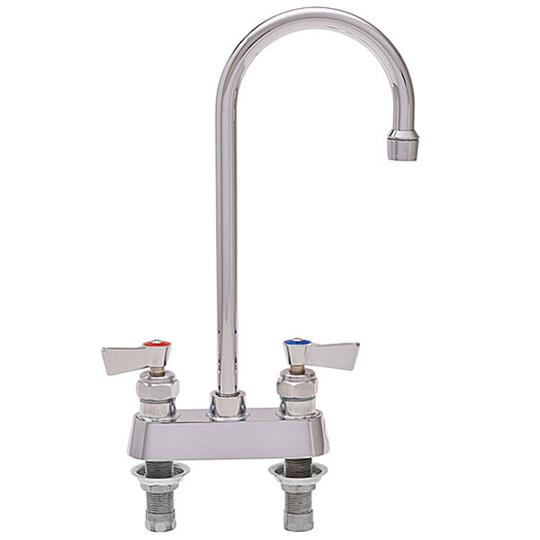 A Fisher stainless steel deck-mounted faucet with swivel gooseneck spout and lever handles.