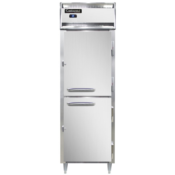 A Continental white reach-in refrigerator with a shallow depth and two half doors.
